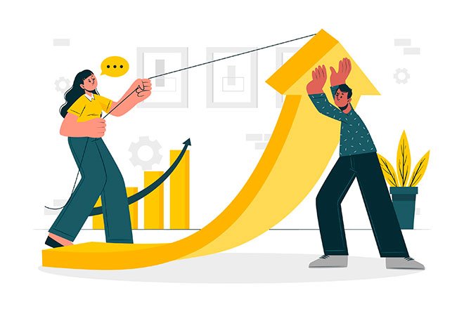 Dos personas trabajando juntas para levantar una flecha ascendente, simbolizando el crecimiento y éxito en marketing digital